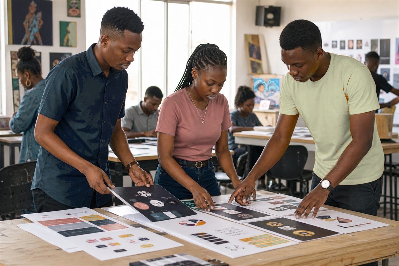 Students arranging brand identity boards.