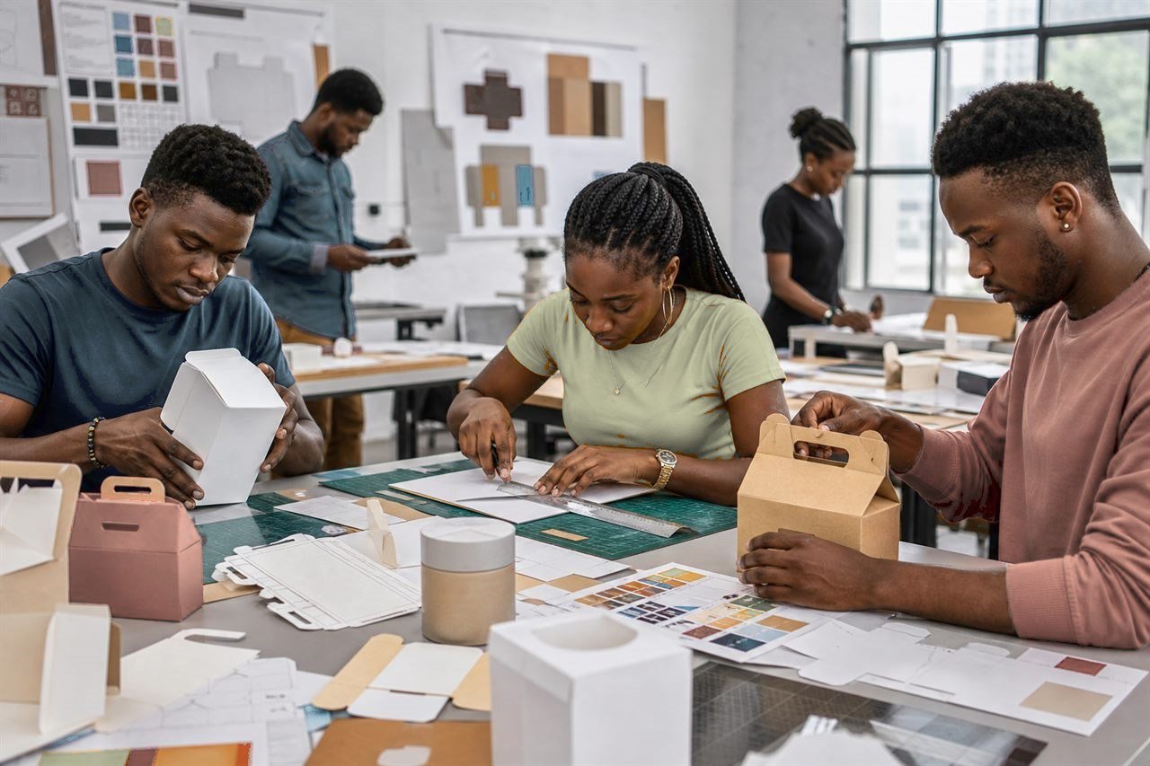 Students building product packaging prototypes.