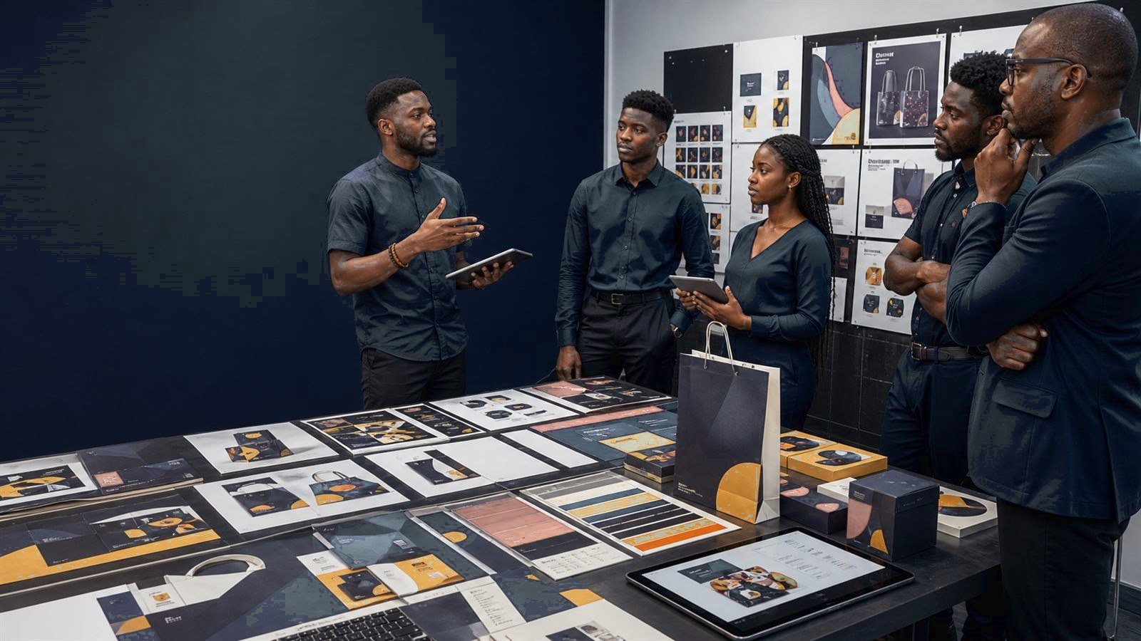 Black design students presenting packaging work.